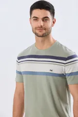 Remera de algodón y poliéster color verde militar con diseño de rayas horizontales en tonos azules, blancos y celestes en la parte superior del pecho. Cuenta con cuello redondo y mangas cortas.