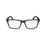 Lentes de marco completo con diseño rectangular, fabricados en acetato color negro con patillas en tono marrón oscuro.