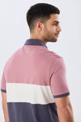 Remera polo de manga corta con diseño en bloques de color en tonos azul marino, blanco y verde militar, con bordado frontal y cierre de botones.