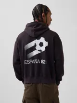 Canguro rojo con capucha, bolsillo frontal tipo canguro y estampado circular blanco en el pecho con temática de la Copa Mundial de 1966.