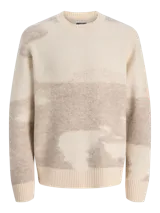 Sweater de punto con diseño estampado, cuello redondo, manga larga y ajuste relajado. Presenta puños y ruedo acanalados, ofreciendo una textura suave y elástica.