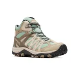 Bota de senderismo Merrell de caña media, confeccionada en una combinación de ante y malla en tonos beige y verde menta. Presenta suela de goma con tacos para mayor tracción, puntera reforzada y cierre con cordones.