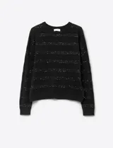 Buzo negro de lana con lentejuelas bordadas, cuello redondo y corte clásico. Marca Q2, talle Medium.