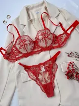 Conjunto de lencería de dos piezas en color rojo, compuesto por un soutiene de copa armada con aros y una bombacha colaless, ambos confeccionados en tul translúcido con delicados bordados florales.