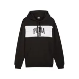 Buzo negro con capucha ajustable y bolsillo tipo canguro. Presenta una franja horizontal blanca con el logo de Puma en el pecho.