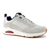 Championes Skechers Street Uno - Stacre, color gris claro con detalles en azul marino y rojo. Capellada de gamuza suave y cuero sintético texturizado, plantilla Skechers Air-Cooled Memory Foam y entresuela con airbag visible Skech-Air.