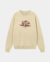 Buzo de cuello redondo en color beige, con diseño gráfico estampado en el centro del pecho que incluye elementos industriales y la inscripción Kaboa Industries.