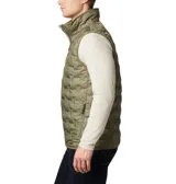 Chaleco acolchado Columbia de color verde oliva, con diseño de celdas selladas térmicamente, cierre frontal completo, cuello alto con protector de mentón y bolsillos laterales con cremallera.