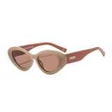 Lentes de sol unisex color beige con forma ovalada y lentes color rosa.