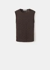 Top Pati de tejido con efecto arrugado y diseño entallado, color marrón, con cuello redondo, tirantes anchos y detalles de brillo.
