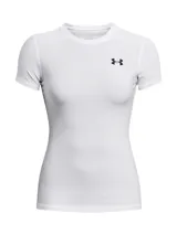 Remera técnica de compresión Under Armour, color blanco, de manga corta y ajuste ceñido al cuerpo. Confeccionada en tejido HeatGear original, diseñado para absorber el sudor y secarse rápidamente, ofreciendo libertad de movimiento y soporte muscular.
