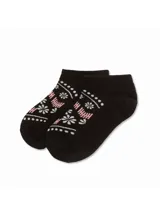 Medias cortas tipo soquete color negro con estampado de flores y detalles en rosa y blanco.