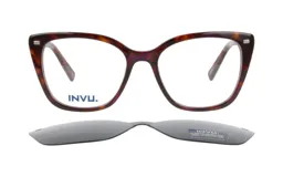 Anteojos de receta con armazón estilo cat-eye en carey marrón y violeta, que incluye un clip-on magnético polarizado para convertirlo en lentes de sol.