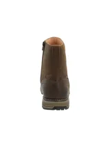 Bota de cuero marrón con diseño de caña media, cierre lateral y suela de goma con relieve antideslizante. Presenta costuras reforzadas y tecnología repelente al agua.