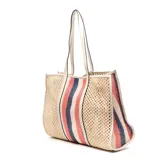 Bolso tote de fibra de papel color hueso con detalles en símil cuero. Tiene asas fijas, cierre con broche magnético y bolsillo interno con cierre.