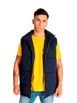Chaleco puffer azul marino Caterpillar, modelo Arctic Zone Vest, con diseño acolchado horizontal, cierre frontal con cremallera y cuello alto.