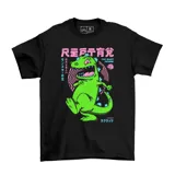Remera negra de algodón con estampa frontal colorida de Reptar, personaje de Rugrats, con tipografía japonesa y estilo gráfico retro.