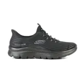 Championes deportivos Skechers Hands Free Slip-ins Summits Plus, color negro, diseñados con tecnología Heel Pillow. Capellada de malla con estampado 3D degradado, cordones elásticos y plantilla acolchada Skechers Air-Cooled Memory Foam.