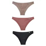 Pack de tres tangas de algodón Del Río, una color beige con estampado de manchas marrones, una color rosa viejo lisa y una negra lisa.