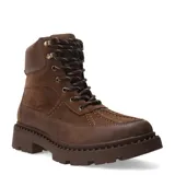 Botas de caña media para mujer, modelo Ziva de Miss Carol. Confeccionadas en material sintético color marrón con acabado tipo gamuza y detalles en cuero sintético liso. Cuentan con cordones bicolores, ojales metálicos, cuello acolchado y una suela de goma track robusta.