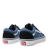 Championes Vans modelo Old Skool, con diseño clásico de caña baja. Presentan una combinación de paneles de lona azul y refuerzos de gamuza en color azul marino, con la icónica banda lateral blanca y suela de goma vulcanizada con patrón waffle.
