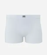 Calzoncillo bóxer blanco de algodón con cintura elástica y logo de la marca Del Rio en el centro.