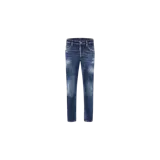Jeans slim fit de denim azul oscuro con lavado desgastado, efecto desteñido y sutiles roturas frontales.