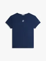 Remera de corte slim azul marino, confeccionada en punto de algodón ligeramente elástico, con cuello redondo y el logo de la marca bordado en el pecho en fuente Script.