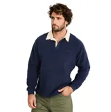 Buzo tipo polo de polar color azul marino, con cuello camisero en color crema y puños elásticos.