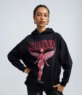Buzo con capucha de corte regular y mangas largas, confeccionado en tejido de algodón con interior afelpado. Presenta estampa frontal de la banda Nirvana con diseño del álbum In Utero en tonos rojizos sobre fondo negro.
