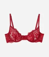 Soutien de media copa en encaje floral rojo, con aro y breteles ajustables, diseñado para brindar soporte natural.