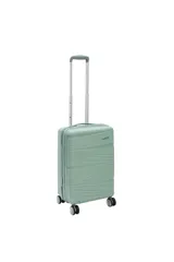 Valija carry on color verde agua, con diseño de líneas horizontales en relieve, cuatro ruedas multidireccionales y manija telescópica ajustable.