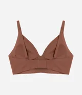 Soutien top Lov confeccionado en microfibra liviana de color marrón, con escote en V, breteles finos regulables, copa con relleno desmontable y base ancha.