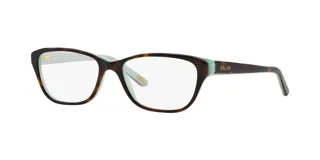 Armazón de anteojos de acetato con forma de ojo de gato, marco carey (marrón oscuro con vetas ámbar) y patillas en color verde menta claro. La marca "RALPH" está grabada en dorado en la patilla.