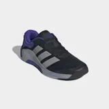 Championes de training Adidas Dropset 4 diseñados para entrenamientos de fuerza, con mediasuela de espuma Repetitor, varillas Energyrods en el talón y suela de caucho Continental. Color negro con detalles en violeta y gris.