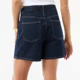 Short de denim azul oscuro de tiro alto, corte recto y estilo clásico con bolsillos y costuras visibles.