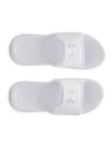 Chinelas Under Armour modelo Ignite Select, color blanco, con correa fija acolchada y logo de la marca en relieve. Presentan plantilla de EVA para mayor amortiguación y suela con tracción.