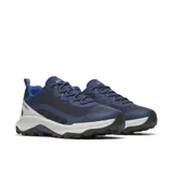 Championes de senderismo Merrell modelo Speed Strike 2, con diseño deportivo en tonos azul y negro. Presentan una parte superior de malla transpirable con refuerzos sintéticos, entresuela de espuma EVA para mayor estabilidad y suela de goma con tracción adherente.