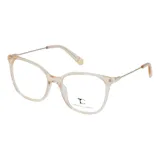 Armazón de anteojos recetados T.Calandra, con marco de acetato transparente en tono champagne y patillas metálicas finas.