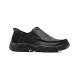 Zapatos casuales Skechers modelo Slip-ins Arch Fit Motley Milo para hombre, color negro. Confeccionados en cuero con diseño tipo mocasín sin cordones, cuentan con tecnología Heel Pillow en el talón para un ajuste firme, plantilla acolchada Air-Cooled Memory Foam y soporte de arco certificado.