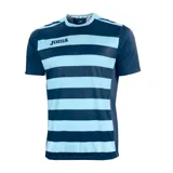 Remera deportiva Joma Europa II a rayas horizontales azul oscuro y celeste, con logo estampado en el pecho.