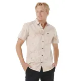 Camisa de manga corta con estampado floral abstracto en tonos terracota y beige. Tiene cuello clásico, cierre frontal con botones negros y un bolsillo en el pecho. Corte regular.