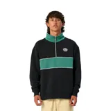 Buzo de cuello alto con cierre frontal parcial, color negro con franja horizontal y cuello en verde. Presenta logo bordado en el pecho y puños elásticos.