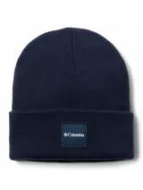 Gorro de lana tejido con diseño de puño enrollado y parche frontal con el logo de la marca Columbia.