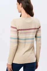 Buzo tejido de algodón con diseño de rayas horizontales en tonos azules, beige y rosado, cuello redondo y manga larga.