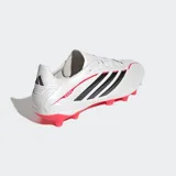 Championes de fútbol Adidas Copa Pure IV Pro para terreno firme, en color blanco perlado con detalles en negro y rojo. Presentan un diseño aerodinámico con las icónicas tres tiras laterales y suela con tacos en color rojo vibrante.