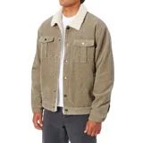 Campera de pana color beige con cuello de borrego, cierre frontal de botones, bolsillos de parche en el pecho y forro interior de borrego.