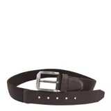 Cinturón marrón oscuro con hebilla metálica plateada de estilo rectangular. La correa combina una sección de cuero liso en la punta y alrededor de la hebilla, con una sección central de tejido elástico trenzado.