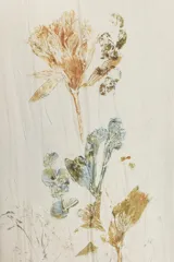 Falda midi de tiro alto, color beige claro satinado, con un diseño asimétrico o drapeado en la cintura. Presenta un estampado botánico de flores prensadas en tonos ocres, azules y verdes en el frente.