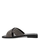 Sandalias planas marca Bottero con diseño de tiras cruzadas cubiertas de brillos. Presentan una punta cuadrada y una base plana con plantilla acolchada.